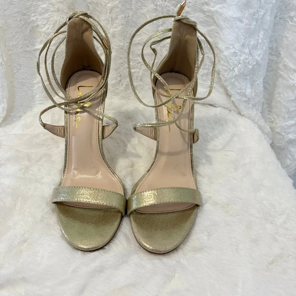 Lulus Metallic Gold Glitter Lace Up Ankle Wrap High Heels Stiletto Sandals Sz‎ 7